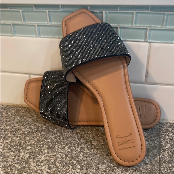 INC International Concepts Nataliah Black Shimmer Square toe Slide Sandals - Picture 1 of 7